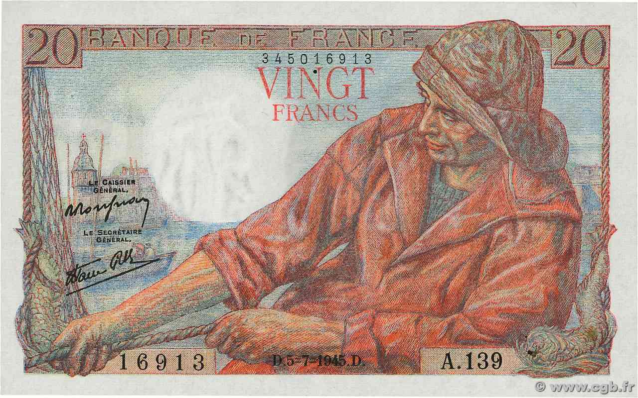 20 Francs PÊCHEUR FRANCIA  1945 F.13.10 FDC