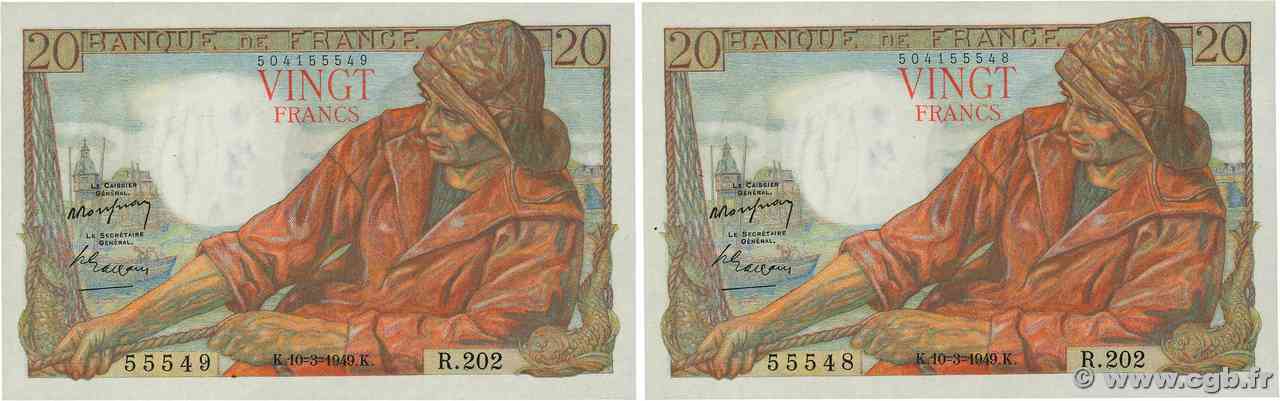 20 Francs PÊCHEUR Consécutifs FRANCIA  1949 F.13.14 FDC