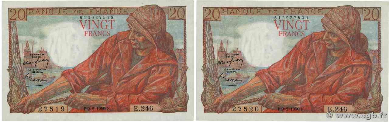 20 Francs PÊCHEUR Consécutifs FRANCE  1950 F.13.17 AU