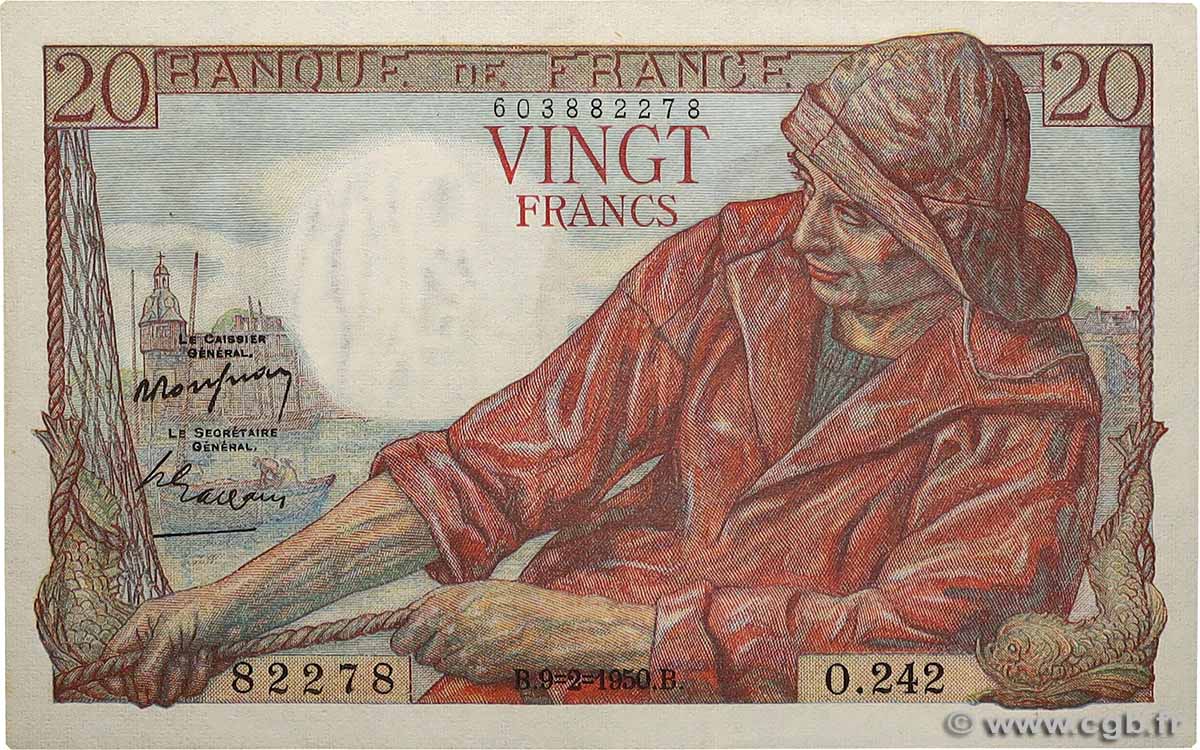 20 Francs PÊCHEUR FRANCE  1950 F.13.17 XF+