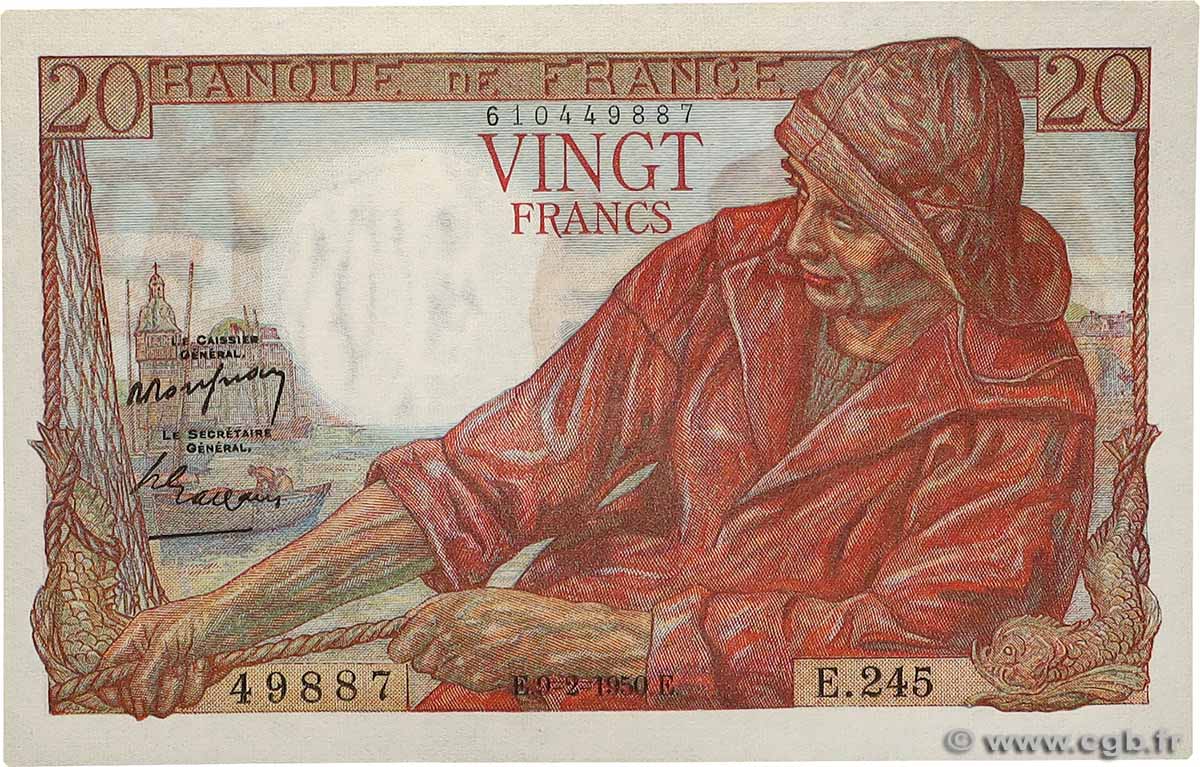 20 Francs PÊCHEUR FRANCE  1950 F.13.17 XF+