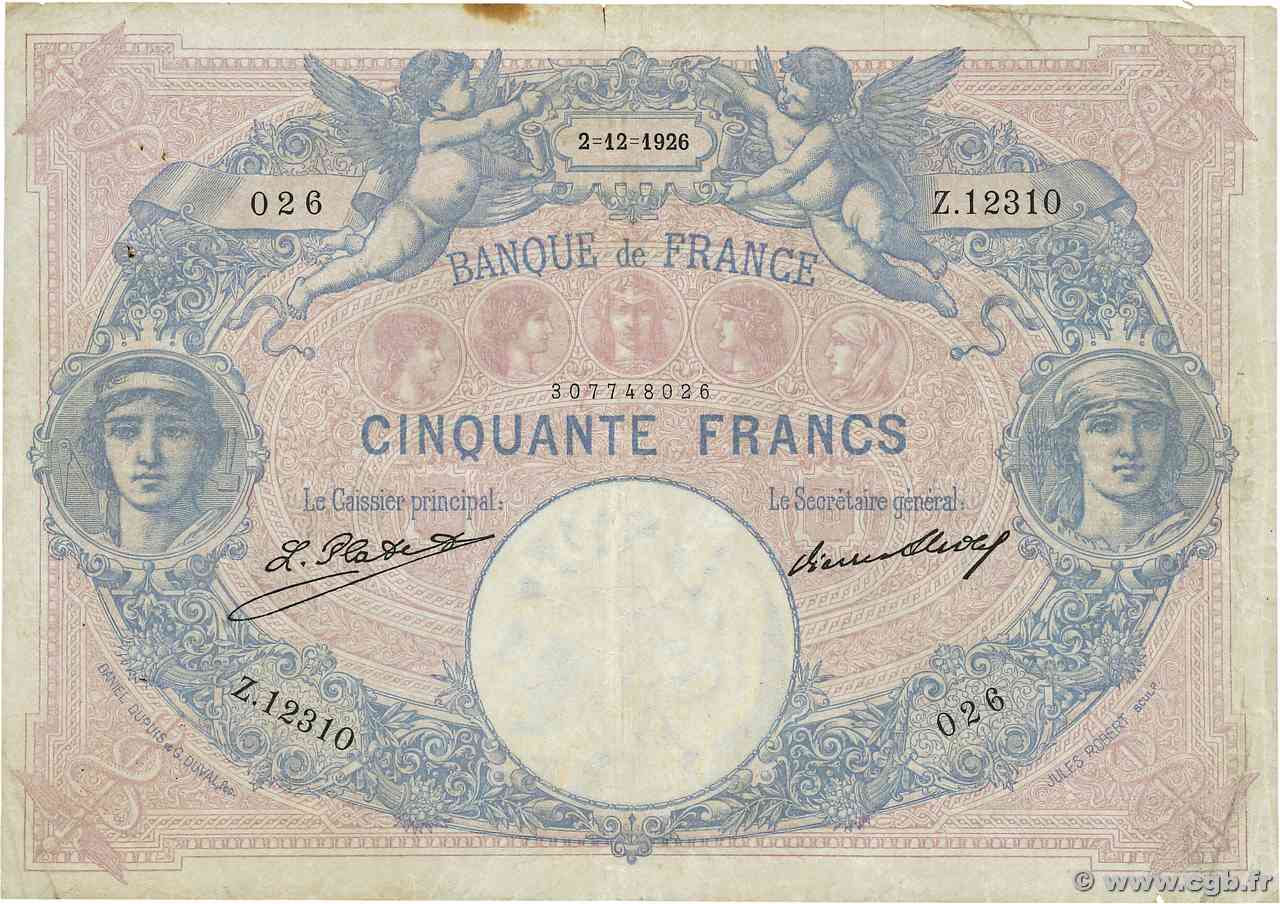 50 Francs BLEU ET ROSE FRANCE  1926 F.14.39 F+