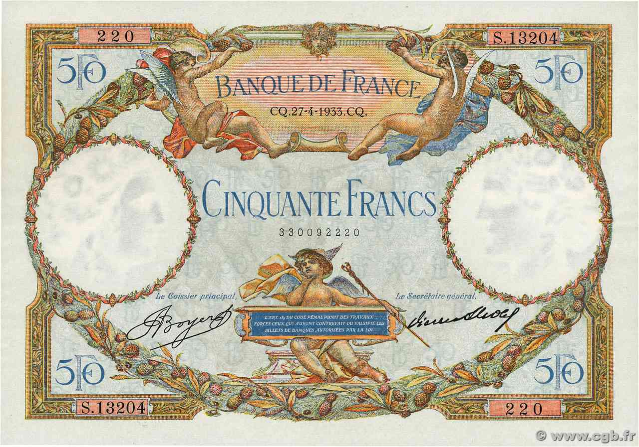 50 Francs LUC OLIVIER MERSON type modifié FRANCIA  1933 F.16.04 AU