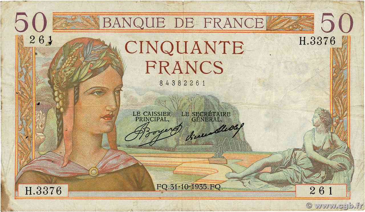 50 Francs CÉRÈS FRANCE  1935 F.17.19 VG
