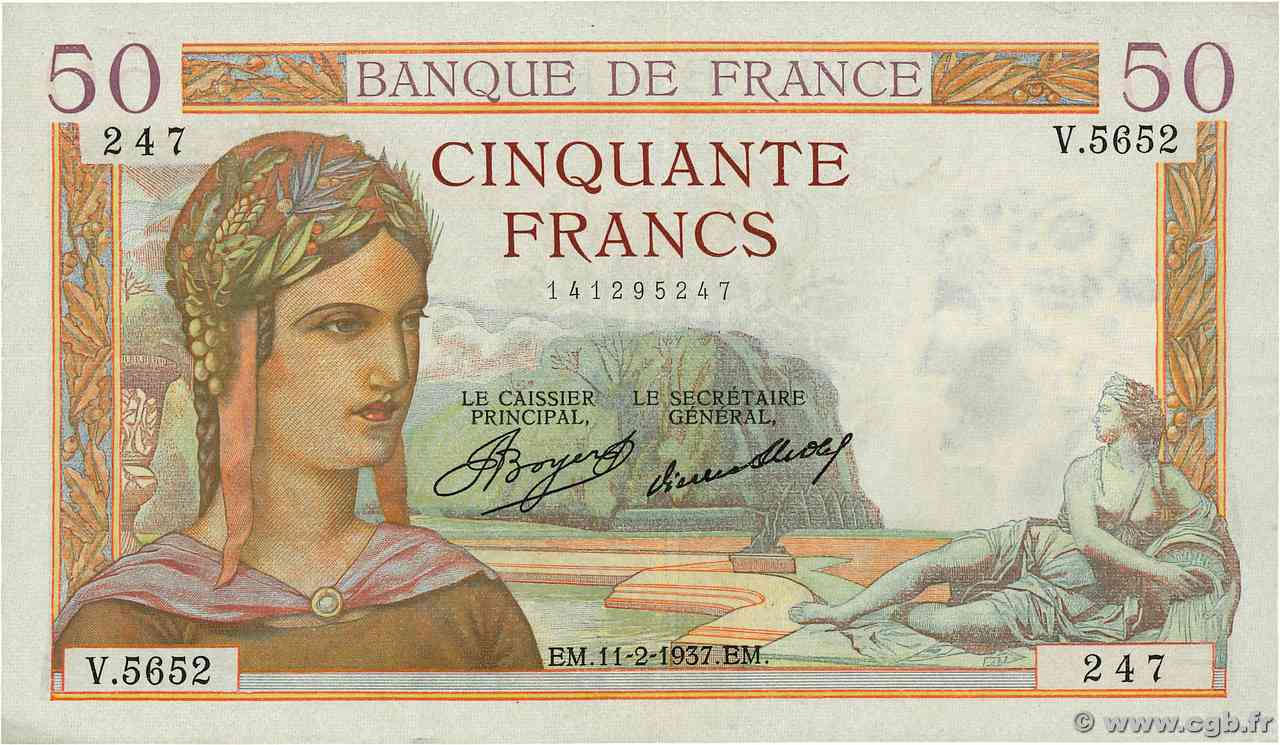 50 Francs CÉRÈS FRANCE  1937 F.17.34 SUP