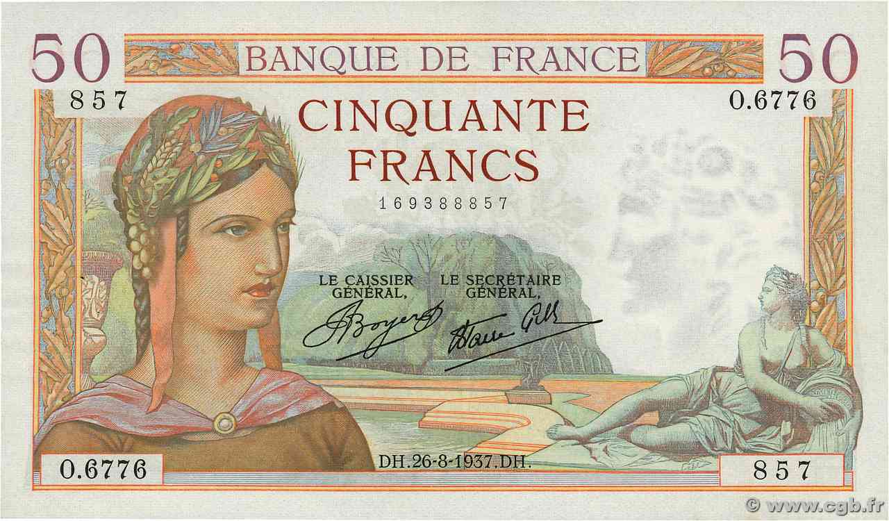 50 Francs CÉRÈS modifié FRANCE  1937 F.18.02 XF+
