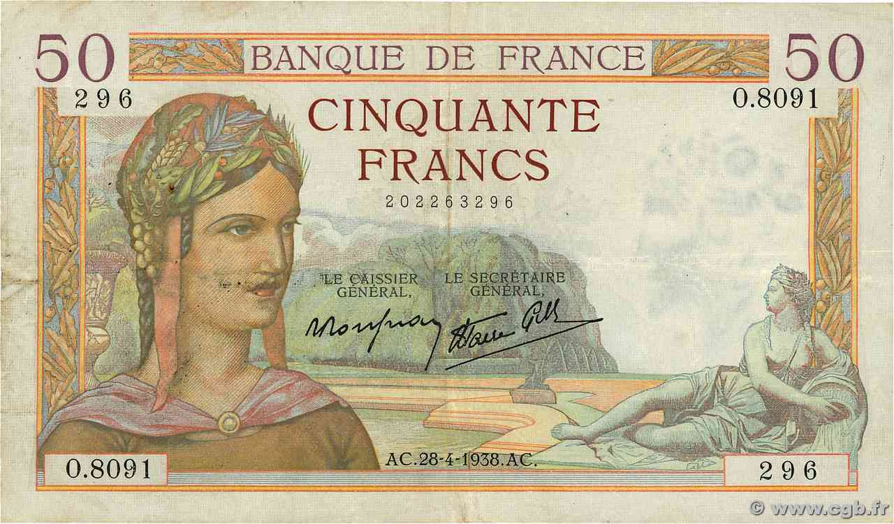 50 Francs CÉRÈS modifié FRANCIA  1938 F.18.12 BB