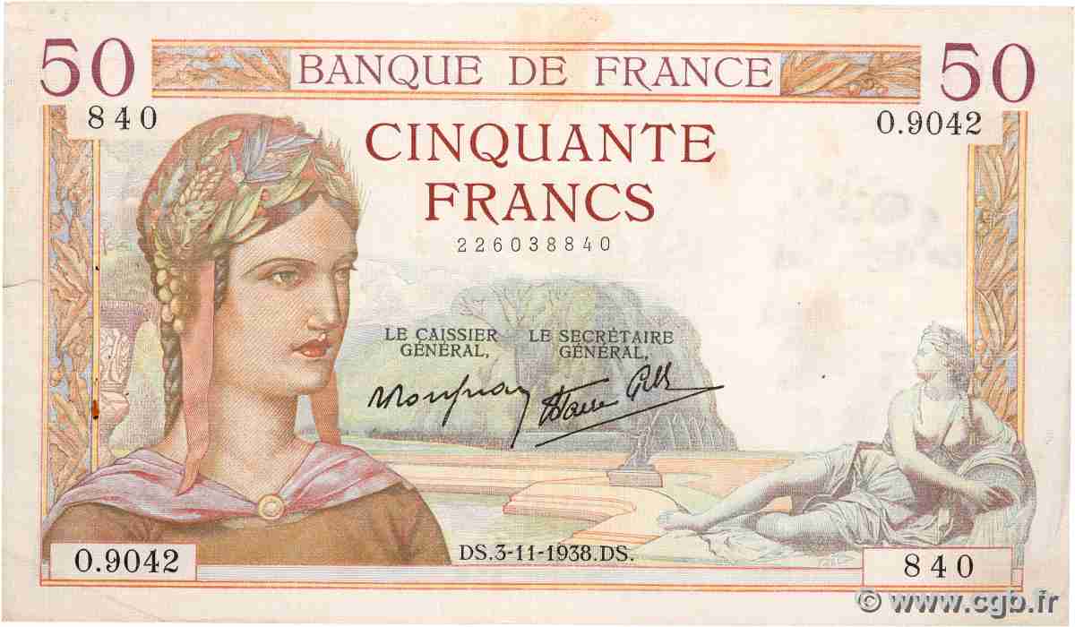50 Francs CÉRÈS modifié FRANCE  1938 F.18.18 TB+