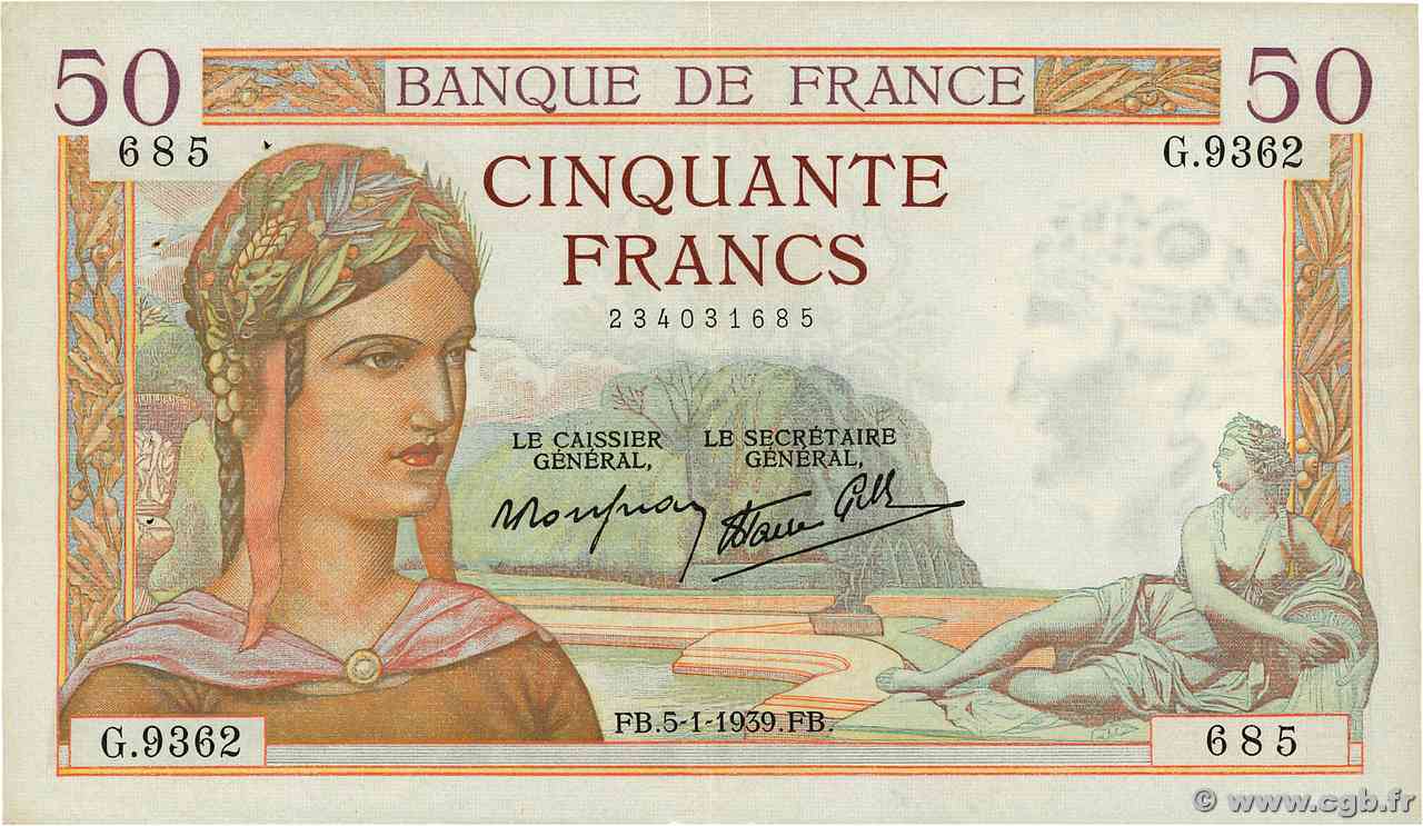 50 Francs CÉRÈS modifié FRANCIA  1939 F.18.19 q.SPL