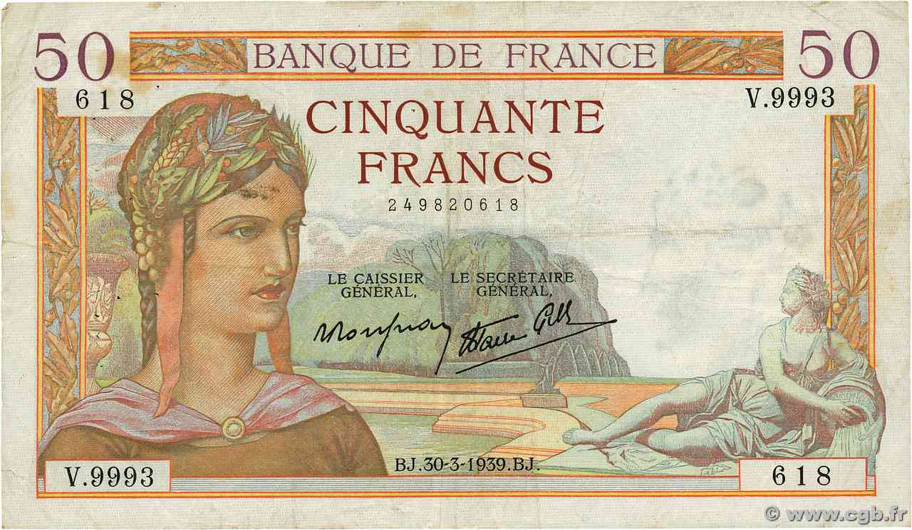 50 Francs CÉRÈS modifié FRANCE  1939 F.18.24 F+