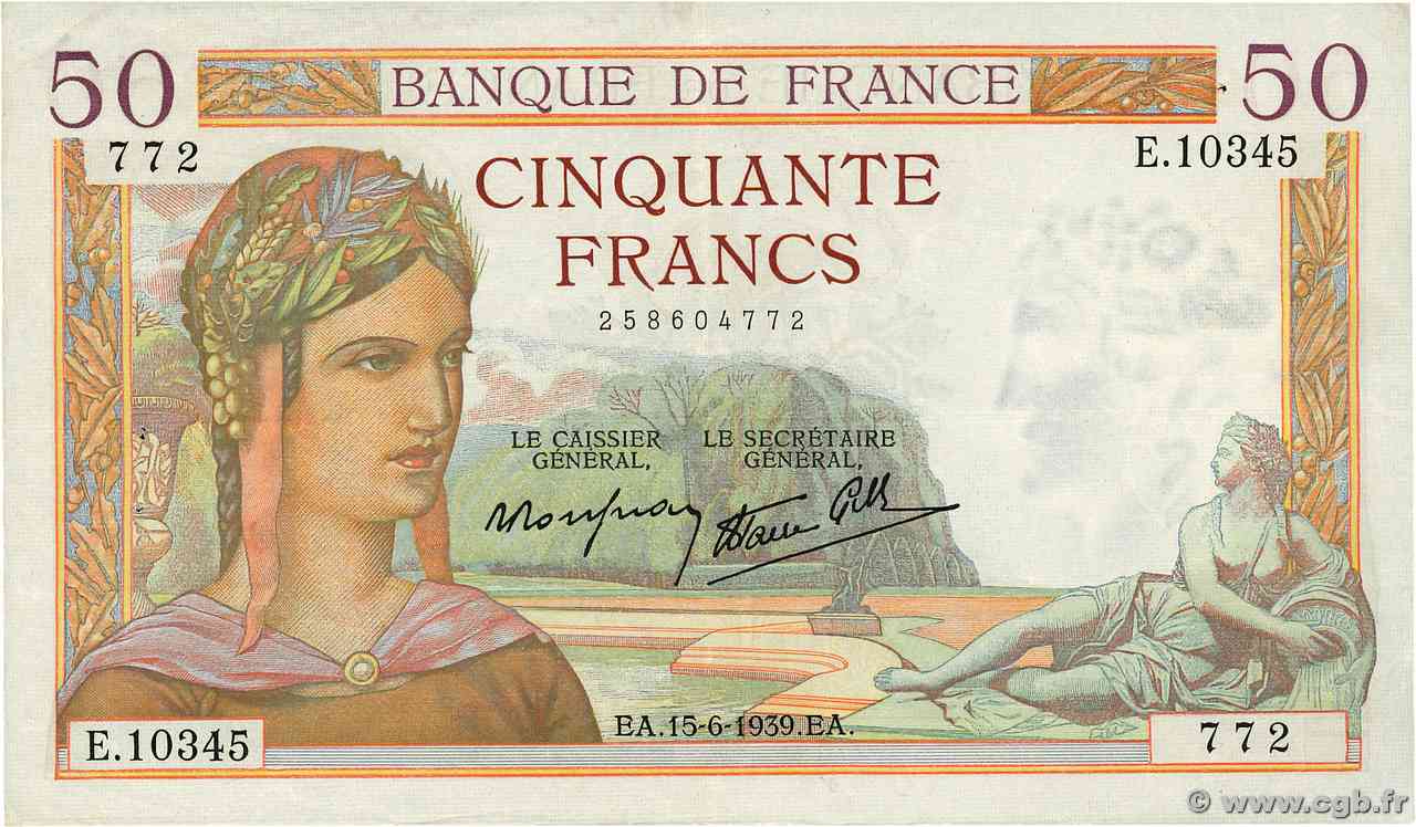 50 Francs CÉRÈS modifié FRANCIA  1939 F.18.26 q.SPL