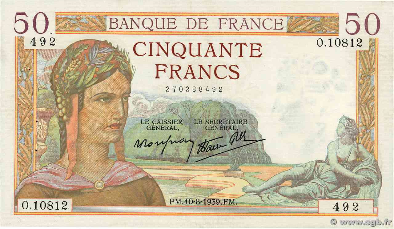 50 Francs CÉRÈS modifié FRANCE  1939 F.18.29 SUP