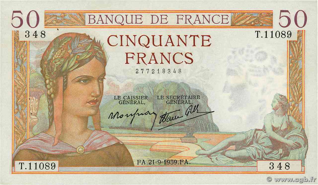 50 Francs CÉRÈS modifié FRANCE  1939 F.18.31 XF+