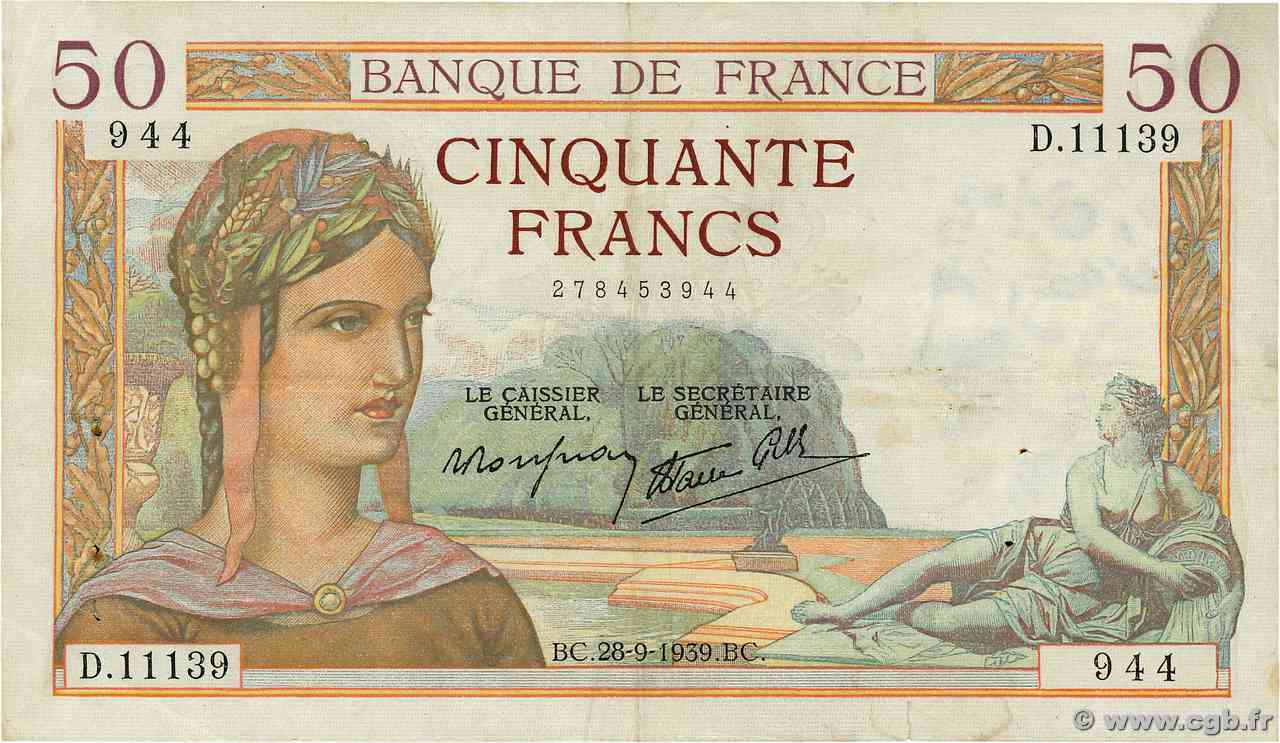 50 Francs CÉRÈS modifié FRANCIA  1939 F.18.32 BB
