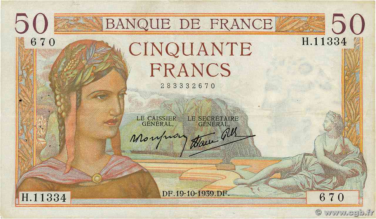 50 Francs CÉRÈS modifié FRANCIA  1939 F.18.33 q.BB