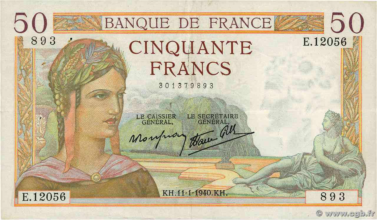 50 Francs CÉRÈS modifié FRANCE  1940 F.18.37 VF