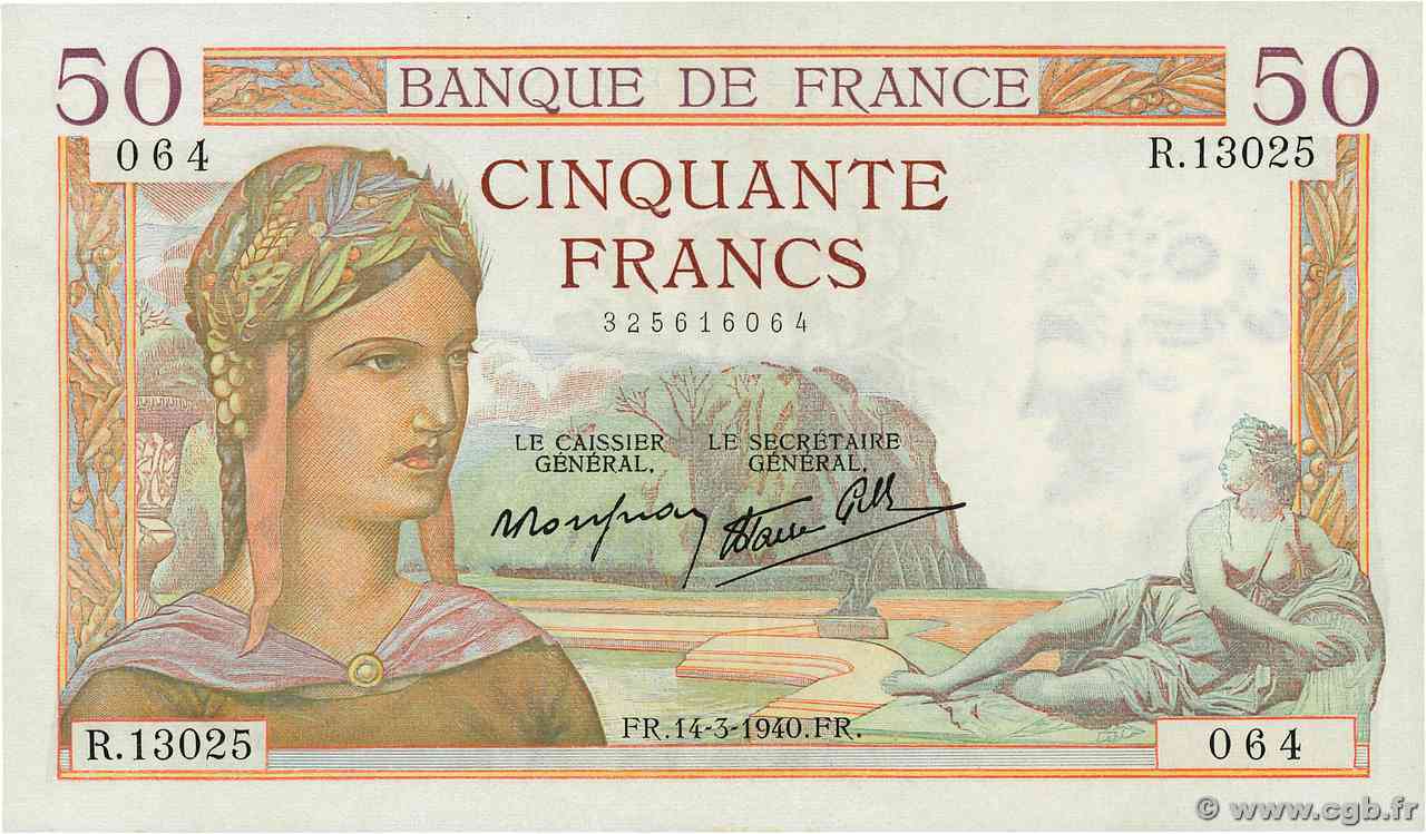50 Francs CÉRÈS modifié FRANCIA  1940 F.18.41 AU+