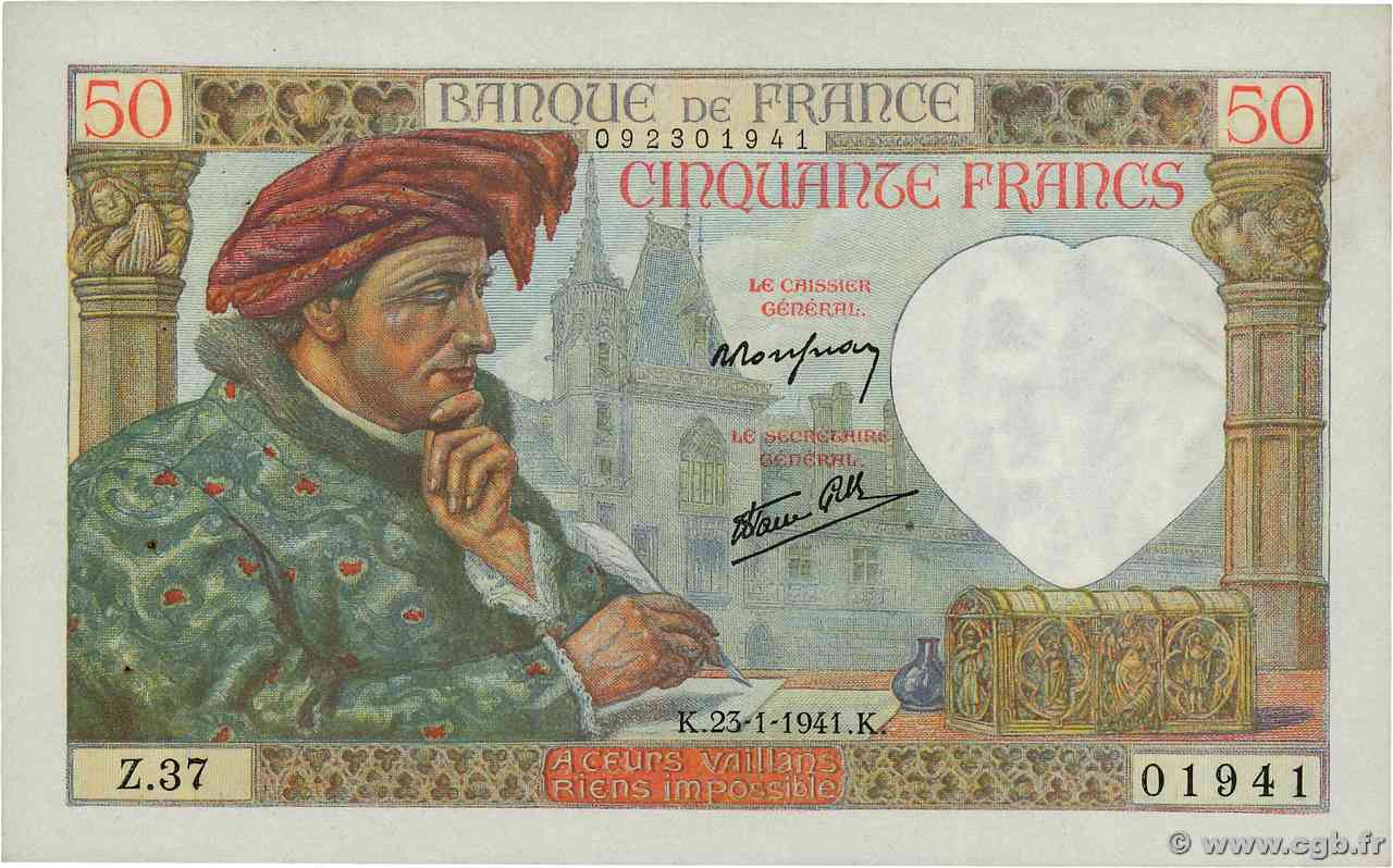 50 Francs JACQUES CŒUR FRANCE  1941 F.19.05 XF+