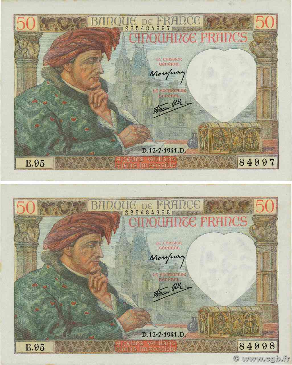 50 Francs JACQUES CŒUR Consécutifs FRANCE  1941 F.19.12 pr.NEUF