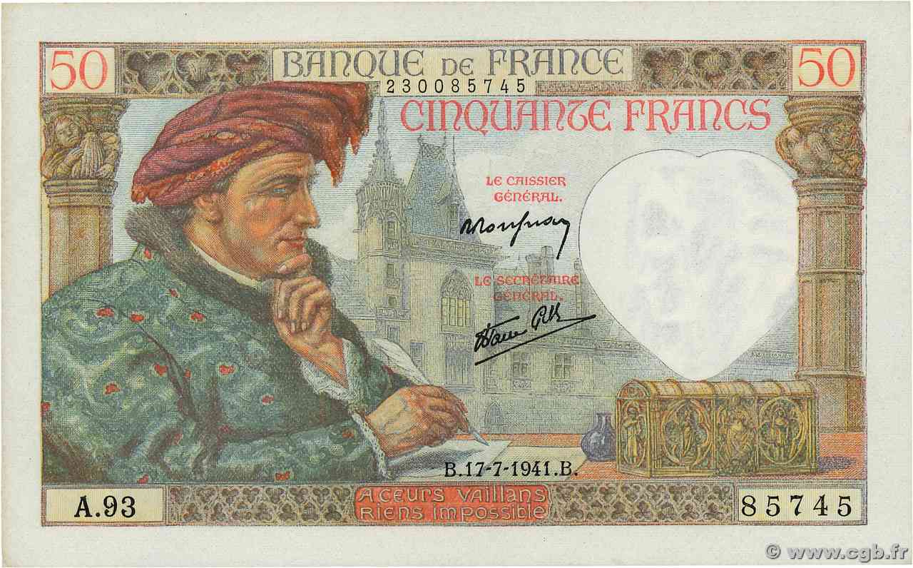 50 Francs JACQUES CŒUR FRANCIA  1941 F.19.12 q.FDC