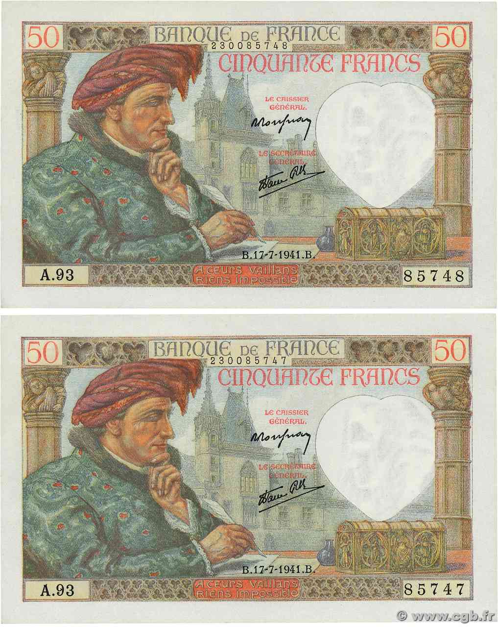 50 Francs JACQUES CŒUR Consécutifs FRANCE  1941 F.19.12 AU+