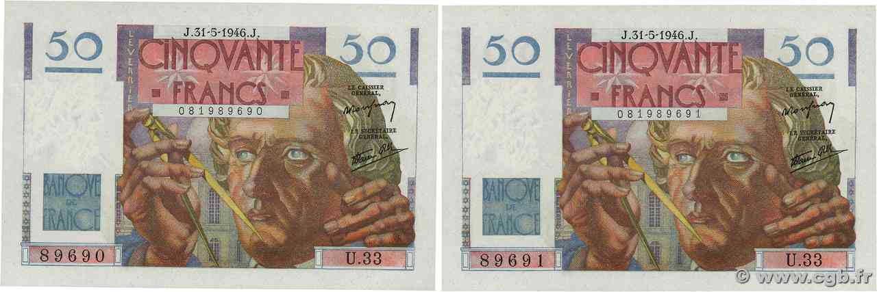 50 Francs LE VERRIER Consécutifs FRANCIA  1946 F.20.05 FDC