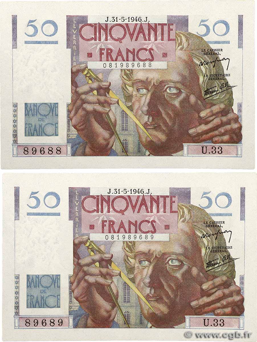 50 Francs LE VERRIER Consécutifs FRANCIA  1946 F.20.05 FDC