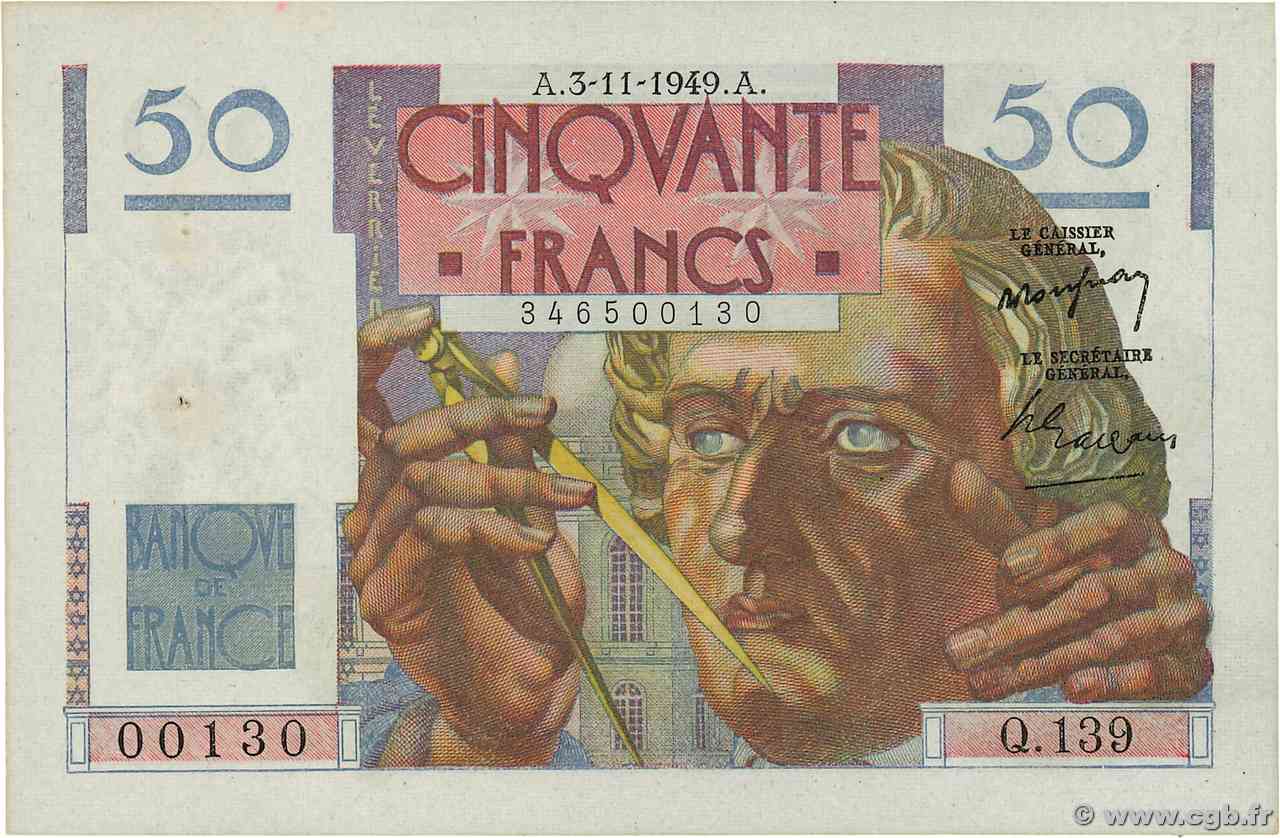 50 Francs LE VERRIER Petit numéro FRANCIA  1949 F.20.13 q.AU