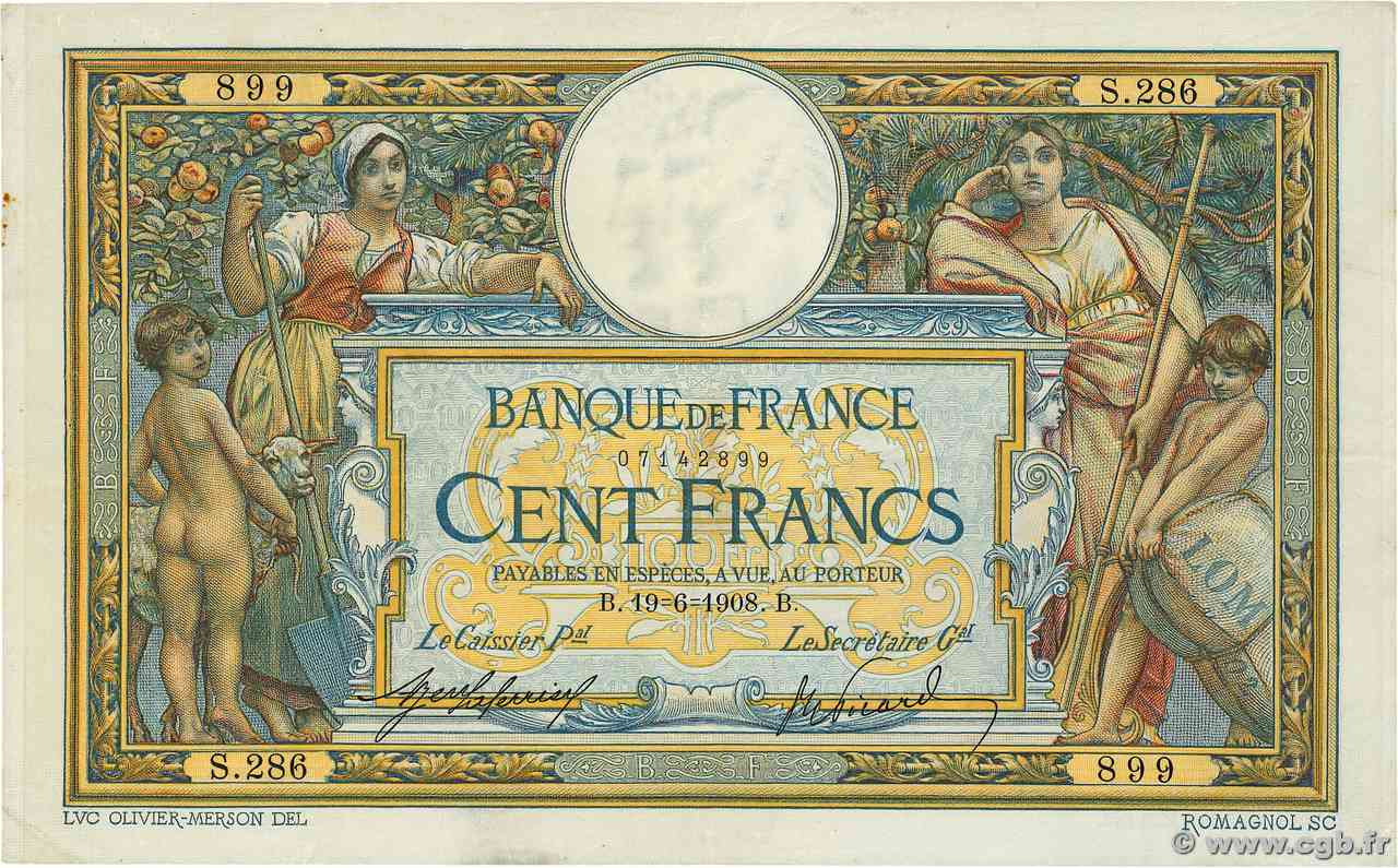 100 Francs LUC OLIVIER MERSON avec LOM FRANCIA  1908 F.22.01 q.SPL