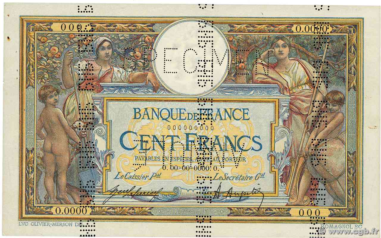 100 Francs LUC OLIVIER MERSON sans LOM Spécimen FRANCIA  1920 F.23.13Sp SPL+
