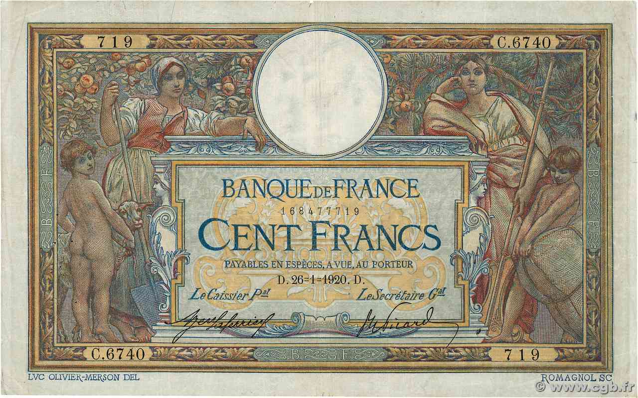 100 Francs LUC OLIVIER MERSON sans LOM FRANCIA  1920 F.23.12 q.MB