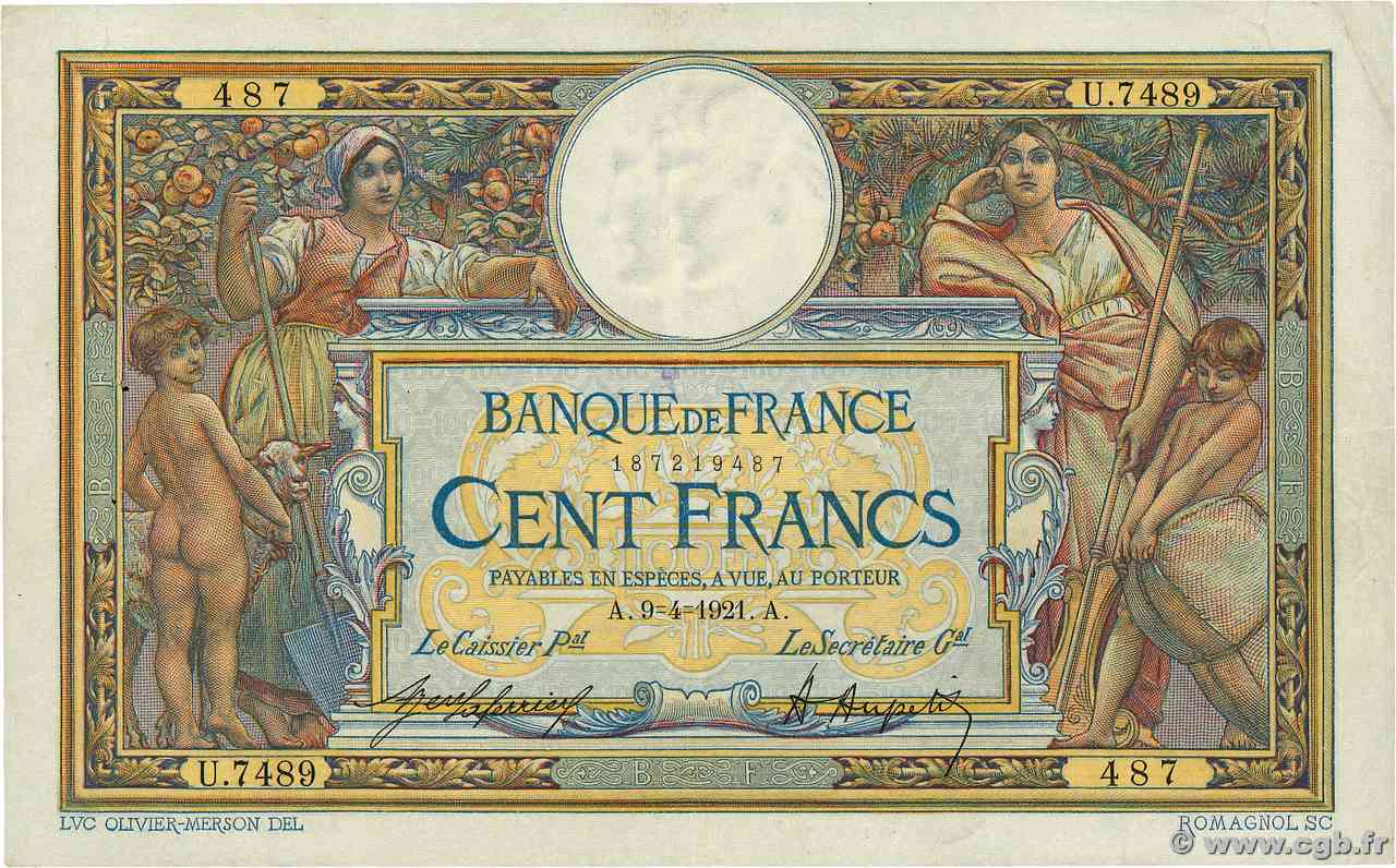 100 Francs LUC OLIVIER MERSON sans LOM FRANCIA  1921 F.23.14 BB