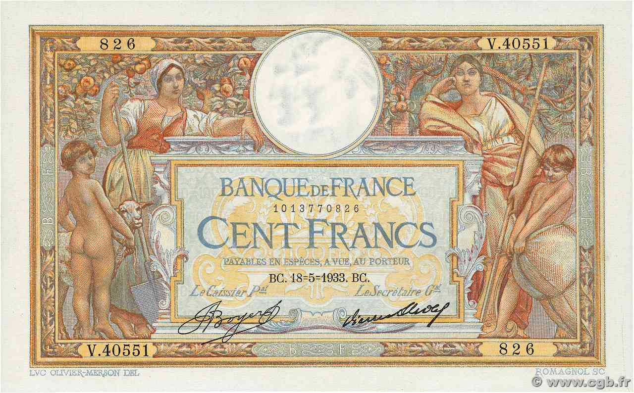 100 Francs LUC OLIVIER MERSON grands cartouches FRANCE  1933 F.24.12a XF+