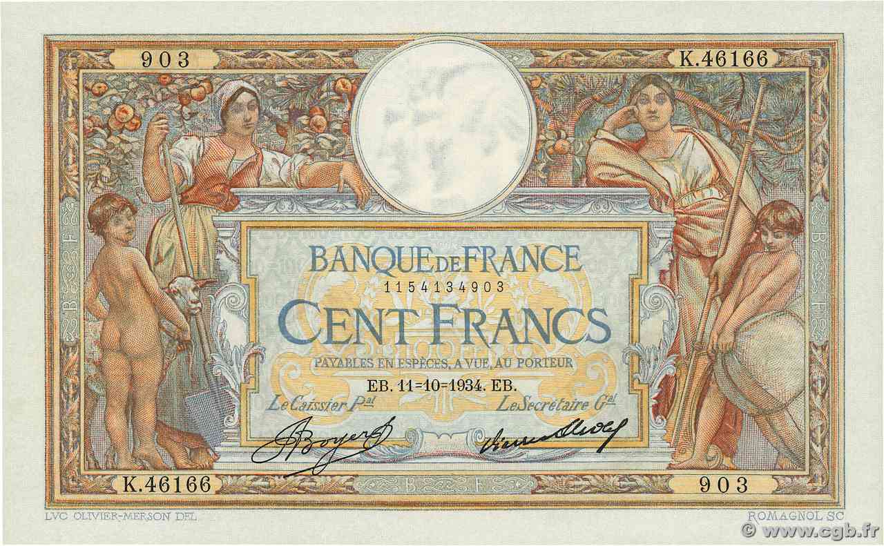 100 Francs LUC OLIVIER MERSON grands cartouches FRANCE  1934 F.24.13 XF+
