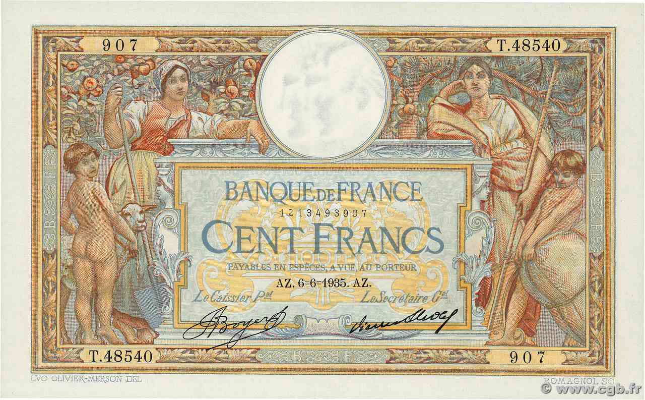 100 Francs LUC OLIVIER MERSON grands cartouches FRANCE  1935 F.24.14 XF+