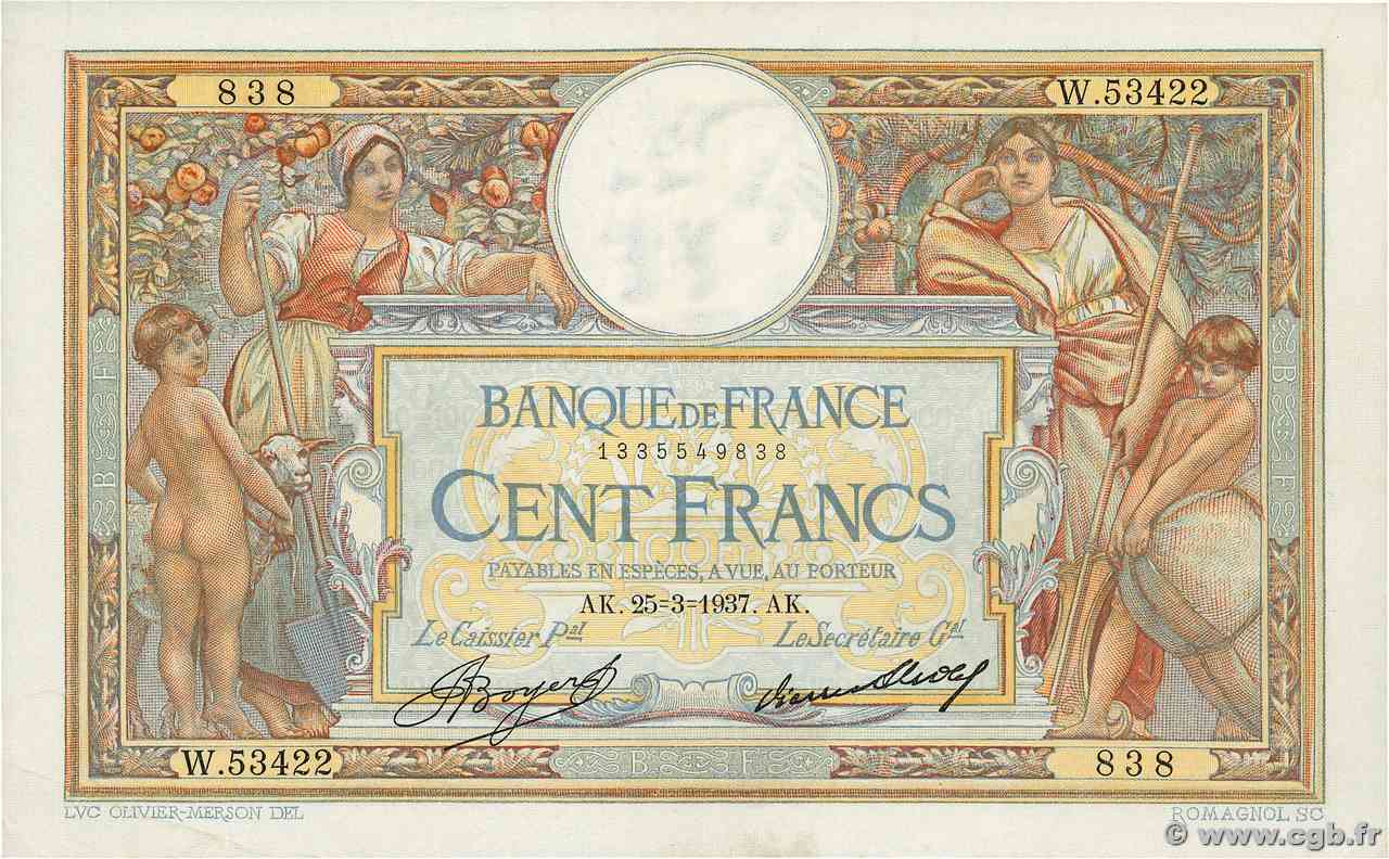 100 Francs LUC OLIVIER MERSON grands cartouches FRANCE  1937 F.24.16 AU