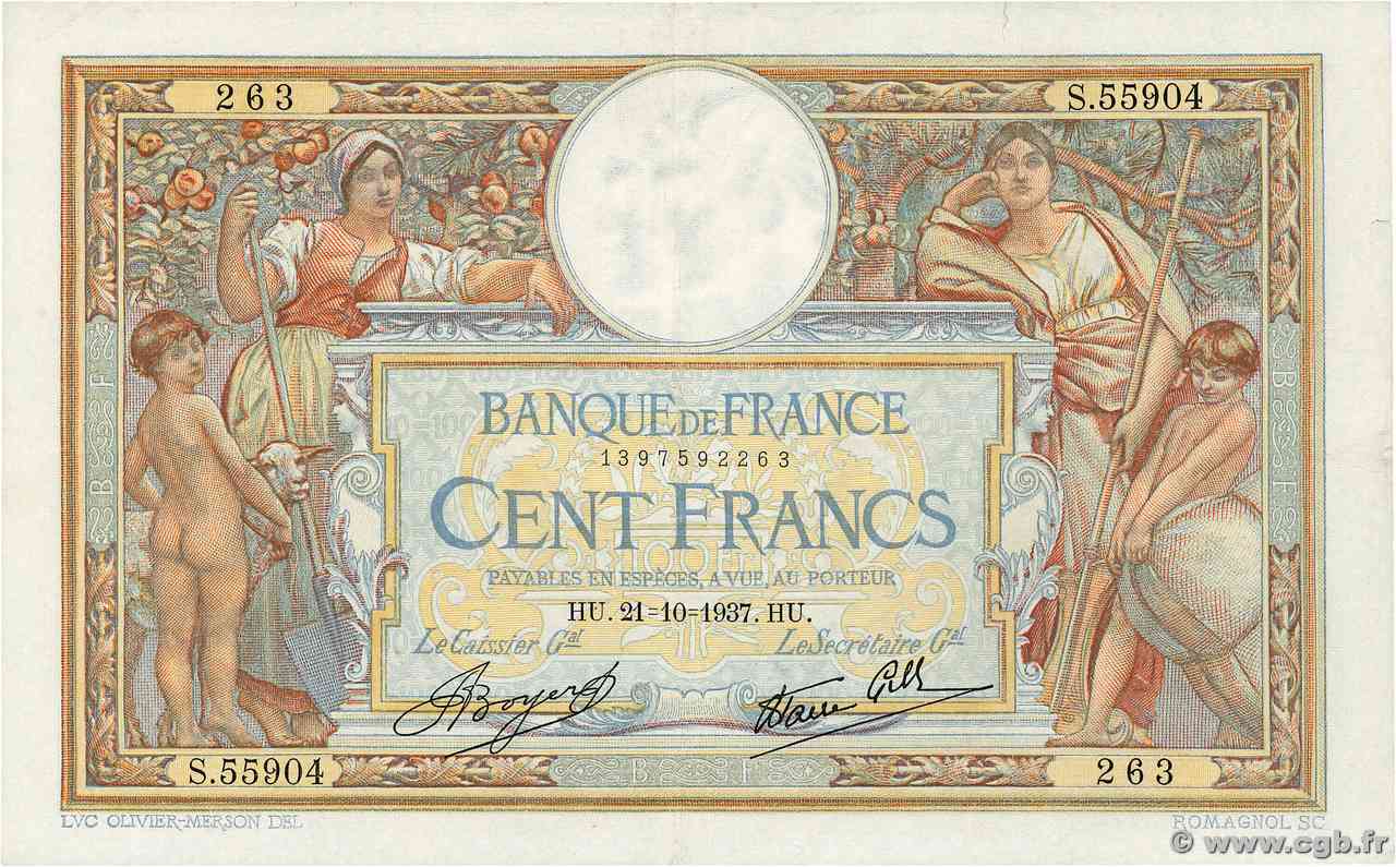 100 Francs LUC OLIVIER MERSON type modifié FRANCE  1937 F.25.03 XF-
