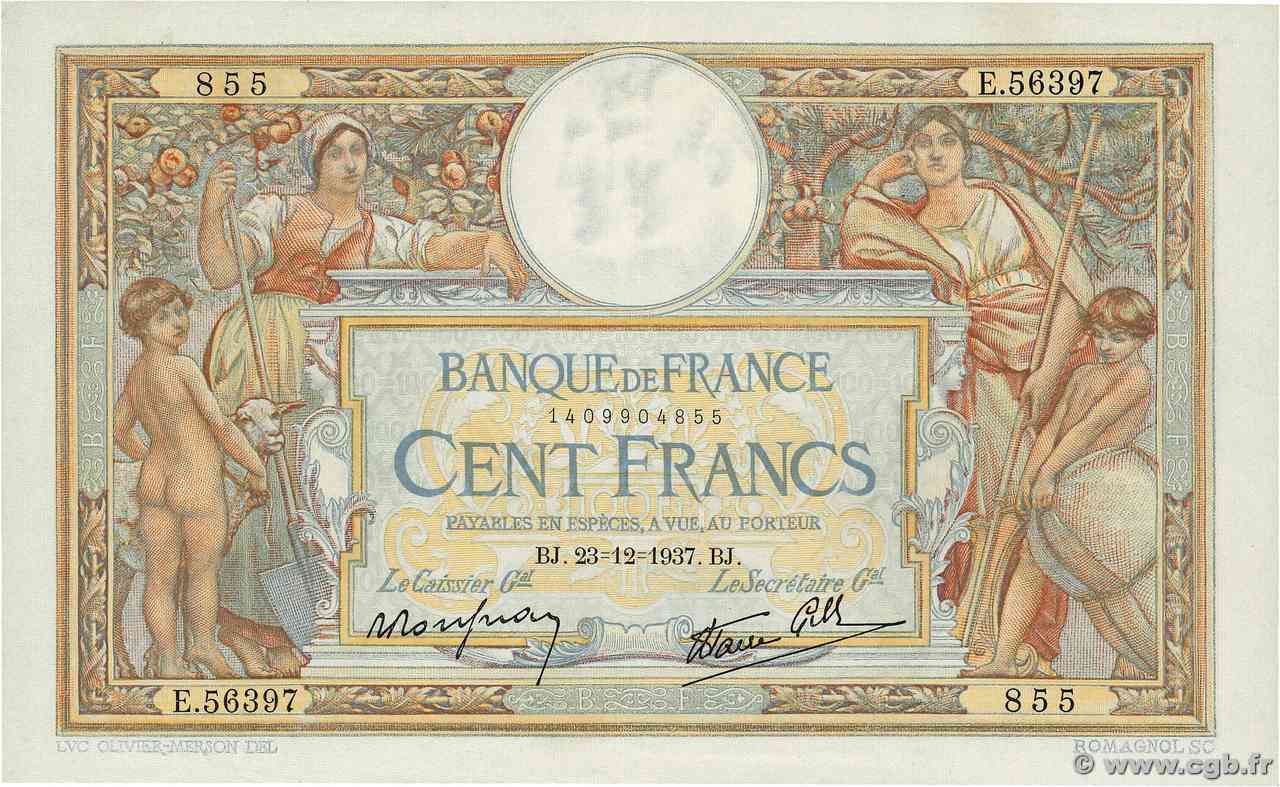 100 Francs LUC OLIVIER MERSON type modifié FRANCIA  1937 F.25.06 SPL+