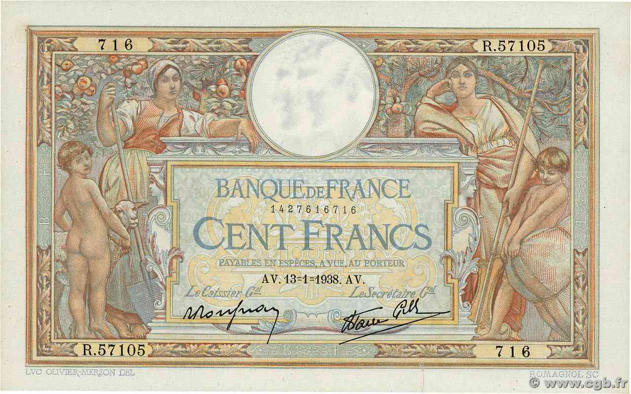 100 Francs LUC OLIVIER MERSON type modifié FRANCIA  1938 F.25.08 SPL