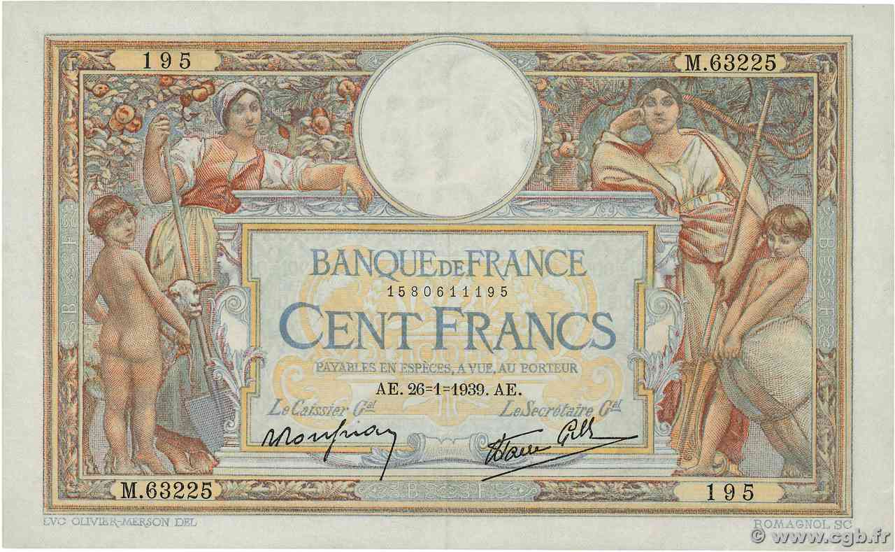 100 Francs LUC OLIVIER MERSON type modifié FRANCIA  1939 F.25.40 AU