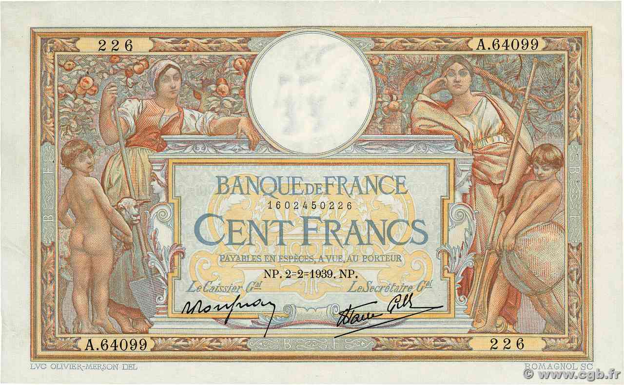 100 Francs LUC OLIVIER MERSON type modifié FRANCIA  1939 F.25.41 q.SPL