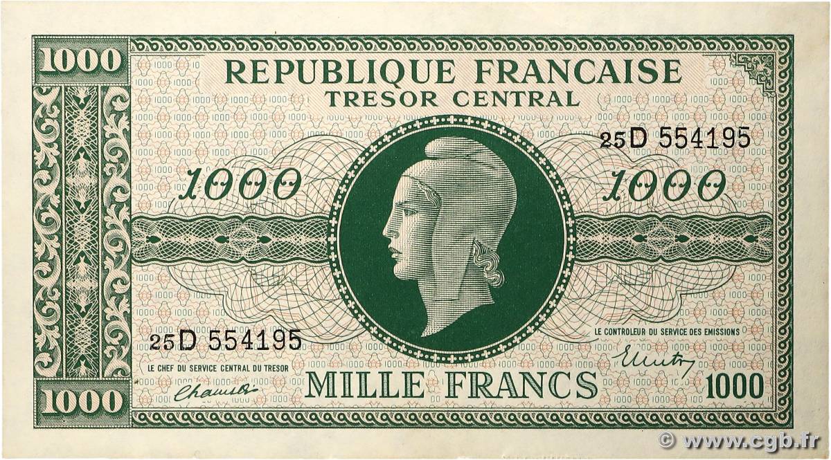 1000 Francs MARIANNE THOMAS DE LA RUE FRANCE  1945 VF.13.01 SUP+