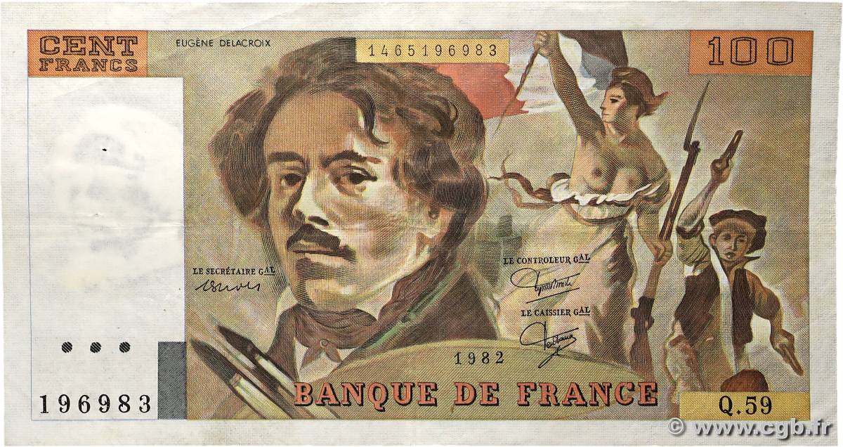 100 Francs DELACROIX modifié FRANCE  1982 F.69.06 TTB