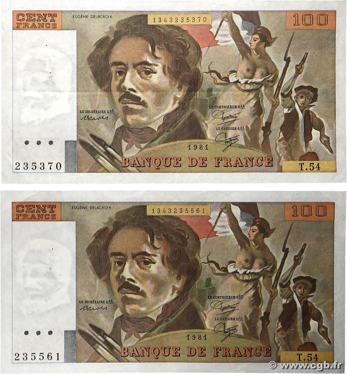 100 Francs DELACROIX modifié Lot FRANCE  1981 F.69.05 TTB+