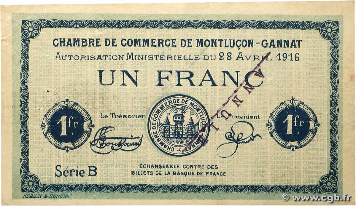 1 Franc Annulé FRANCE régionalisme et divers Montluçon, Gannat 1916 JP.084.24 pr.SUP