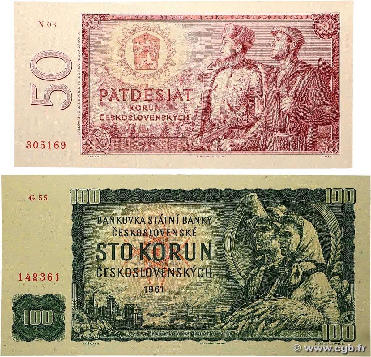 50 et 100 Korun Lot TCHÉCOSLOVAQUIE  1964 P.090d et P.091k pr.NEUF