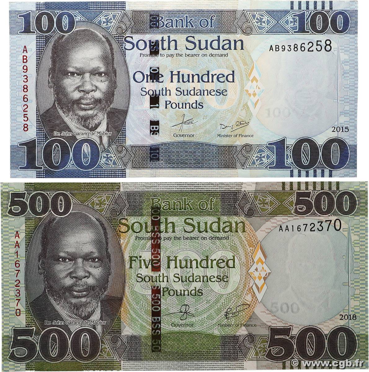 100 et 500 Pounds Lot SOUDAN DU SUD  2015 P.15a et P.16 NEUF