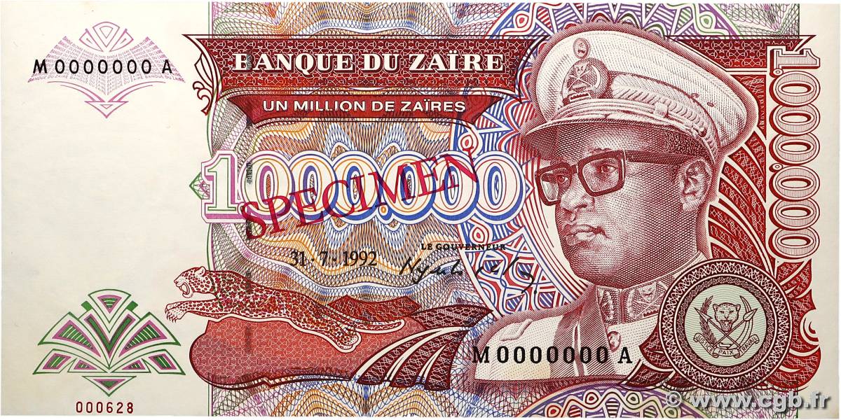 1000000 Zaïres Spécimen ZAÏRE  1992 P.44s NEUF