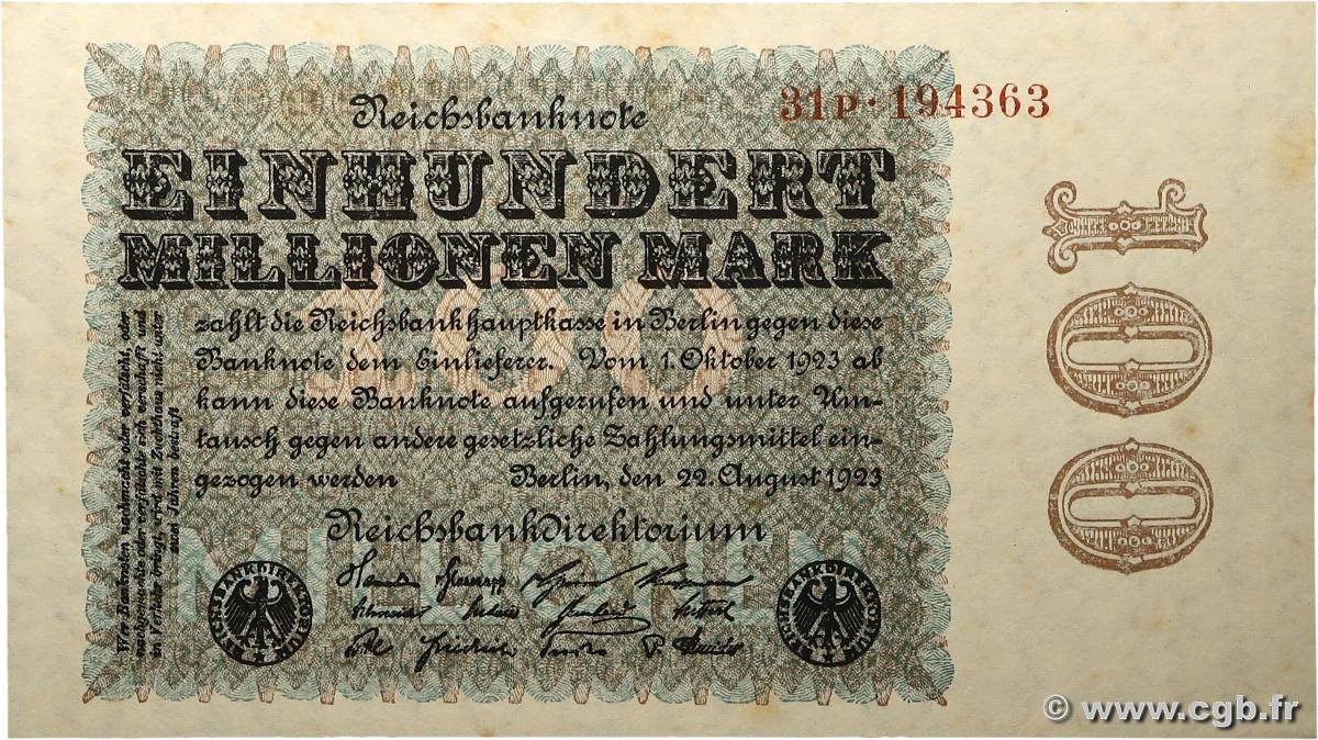 100 Millions Mark ALLEMAGNE  1923 P.107b SUP+