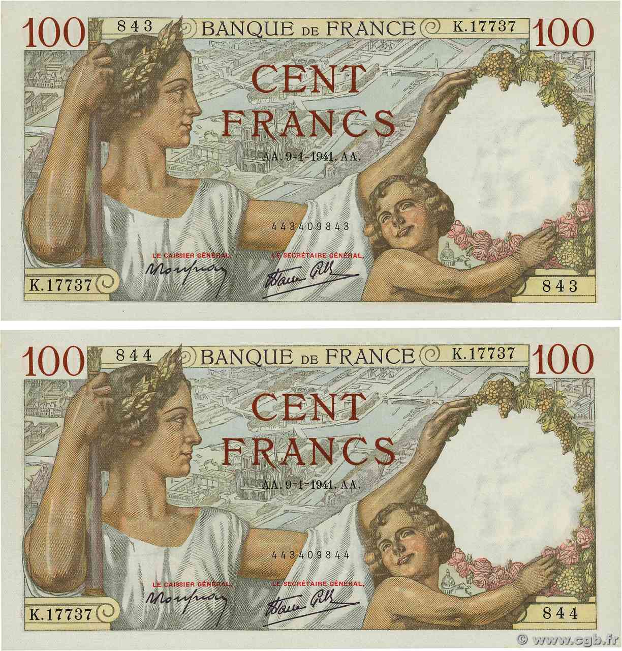 100 Francs SULLY Consécutifs FRANCIA  1941 F.26.44 q.FDC